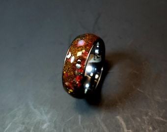 Raptor and T-Rex Dinosaur Fossil and Meteorite Red Opal Glow Wedding Ring - The Red Raptor Rex