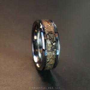 Dinosaur Bone Ring with T-Rex Fossil and Meteorite Beveled Tungsten Wedding Band