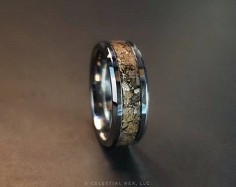 Anillo de hueso de dinosaurio con fósil de T-Rex y alianza de boda de tungsteno biselado con meteorito