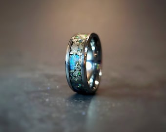 Anello di meteorite unico e vero opale di Welo, anello di nozze di tungsteno smussato, Via Lattea