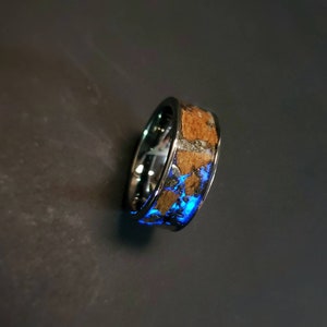 Arctic Rex, Authentic T-Rex Fossil and Meteorite Wedding Band, Tyrannosaurus Rex Dinosaur and Meteorite White to Blue Glow Ring UV Activated