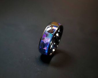 Anello con osso di dinosauro Tyrannosaurus Rex Galaxy Rex, fede nuziale in tungsteno con meteorite e opale