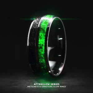 Unique Green Tyrannosaurus Rex Meteorite Glow Ring wedding band, Ultimate Custom Glow Ring, Campo del Cielo Meteorite,