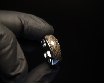 Fede nuziale stegosauro e pirite, anello fossile di ossa di dinosauro