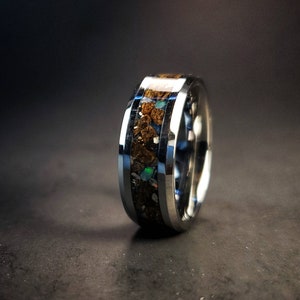 Unique Tyrannosaurus Rex Dinosaur Bone Ring,  Nantan Meteorite, & Welo Opal Blue Glow Ring 8mm Beveled Tungsten, Ultimate Wedding Ring