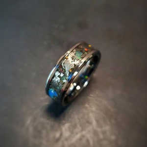 Unique Meteorite and Real Welo Opals Ring, Beveled Tungsten Wedding ...