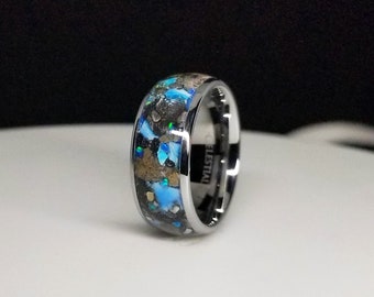 Megalodon Tooth Meteorite Tungsten Ring, Blue Opal Glow
