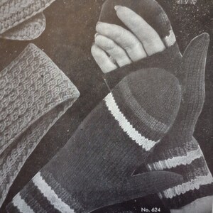 May include: A black and white knitting pattern for a pair of fingerless gloves with white stripes. The pattern number is 624.