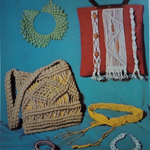 May include: A collection of macrame items, including a bag, a belt, a necklace, a bracelet, and a purse. The items are made with different colors of yarn and are displayed on a blue background.