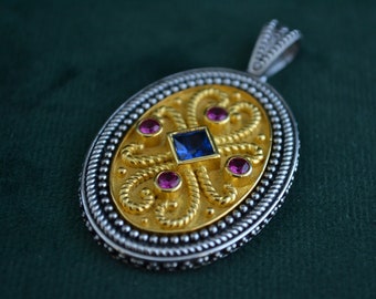 Large Byzantine Pendant, 925 Silver Pendant with Multiple Gemstones, 925 Etruscan Pendant with Engraves, Greek Artisan Pendant