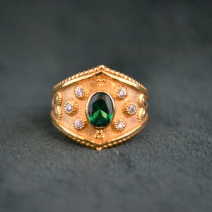Multistone Byzantine Ring, 22K Gold-Plated Ring with Emerald Cubic Zirconia, Sterling Silver Ring, Etruscan Ring, Vintage Greek Ring, Gift