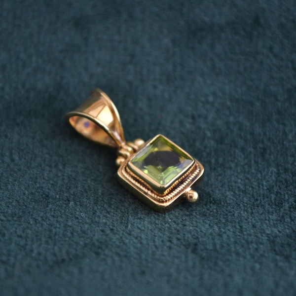 Bright Gold Pendant, 18K Gold Pendant with Blue Topaz or Peridot, Squared Pendant for Women, Greek Artisan Jewelry, Gift for Her, Unique