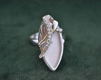 Elegant Sterling Silver Navette Ring, Silver Navette Ring with Mother of Pearl and White Stones, Unique Women's Ring, Gift for Her