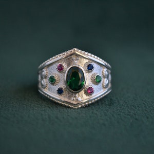 Anello bizantino in argento sterling, anello in argento 925 con zirconi cubici, anello bizantino multistone, anello etrusco, anello artigianale greco