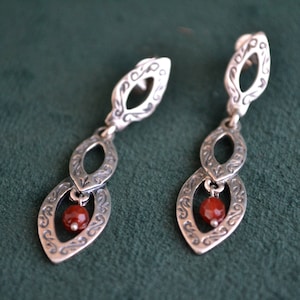 Byzantine Etruscan Inspired Earrings w Carnelian , Sterling Silver Studs Gemstones, Women&#39;s Silver Engraved Earrings, Greek Artisan Jewelry