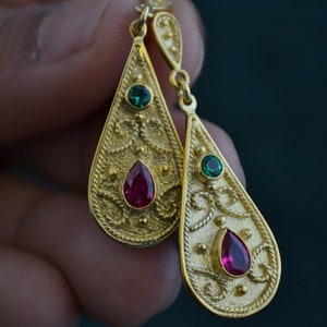 22K Gold-plated Byzantine Drop Earrings with CZ Stones, 925 Silver Studs w Ruby & Emerald Cubic Zirconia, Etruscan Studs, Medieval Earrings