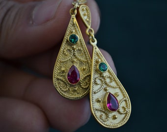22K Gold-plated Byzantine Drop Earrings with CZ Stones, 925 Silver Studs w Ruby & Emerald Cubic Zirconia, Etruscan Studs, Medieval Earrings