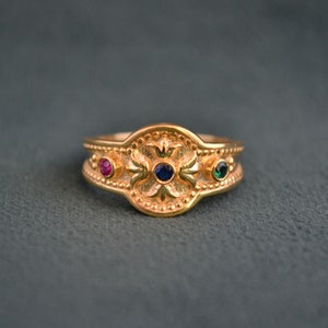 Vintage Gold Byzantine Ring, 22K Gold-Plated Multistone Ring with Cubic Zirconia, Etruscan Ring, Colorful Stones Ring, Greek Artisan Jewelry