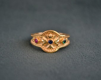 Vintage Gold Byzantine Ring, 22K Gold-Plated Multistone Ring with Cubic Zirconia, Etruscan Ring, Colorful Stones Ring, Greek Artisan Jewelry