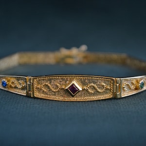 Bracelet byzantin multipierre, bracelet plaqué or 22 carats avec zircons cubiques, bracelet artisanal grec avec pierres précieuses