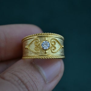 Handmade Byzantine Ring with Cubic Zirconia, 925 Silver Ring with 22K Gold-plating, Gold Etruscan Ring, Medieval Solitaire Ring, Greek Jewel image 5