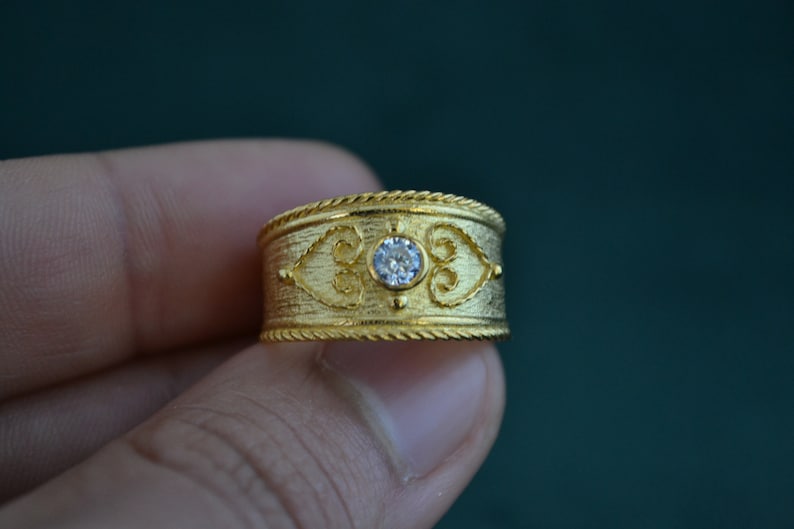 Handmade Byzantine Ring with Cubic Zirconia, 925 Silver Ring with 22K Gold-plating, Gold Etruscan Ring, Medieval Solitaire Ring, Greek Jewel image 5