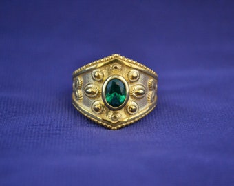 Gold Byzantine Ring, 22K Gold Plated Ring with Emerald Cubic Zirconia, Sterling Silver Ring, Vintage Etruscan Ring, Greek Artisan Jewelry