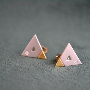 Yellow and White Gold Triangle Earrings, 18K Gold and Diamonds Stud Earrings, Solid Gold Studs with Diamonds, Fine Artisan Jewelry, Gift image 5
