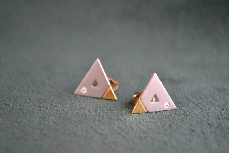 Yellow and White Gold Triangle Earrings, 18K Gold and Diamonds Stud Earrings, Solid Gold Studs with Diamonds, Fine Artisan Jewelry, Gift image 5