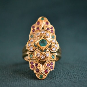 Gold Shield Ring, Etruscan Ring, Multistone Byzantine Ring, 18K Gold Ring with Gemstones, Multi Gemstone Ring, Diamond, Ruby, Emerald