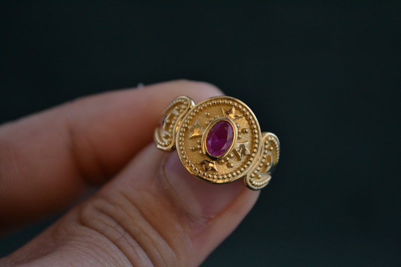 Byzantine Ring with Ruby CZ, 925 Silver Medieval Ring with 22K Gold-plating, Etruscan Ring with Cubic Zirconia, Greek Artisan Jewelry image 4