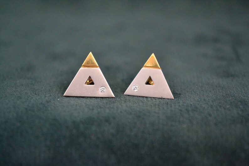 Yellow and White Gold Triangle Earrings, 18K Gold and Diamonds Stud Earrings, Solid Gold Studs with Diamonds, Fine Artisan Jewelry, Gift image 6