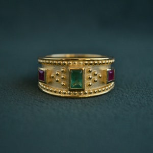 Brilliant Byzantine Ring, 22K Gold-plated Silver Ring with Gemstones, Multistone Medieval Ring, Emerald, Ruby, Greek Artisan Jewelry