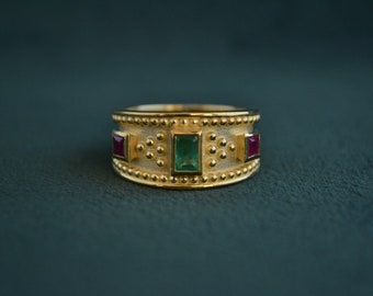 Brilliant Byzantine Ring, 22K Gold-plated Silver Ring with Gemstones, Multistone Medieval Ring, Emerald, Ruby, Greek Artisan Jewelry