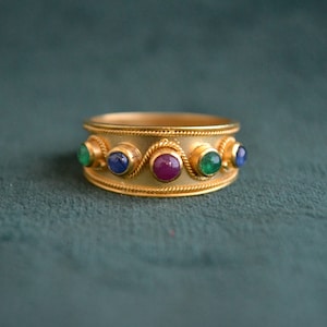 Gold Multistone Ring, Byzantine Ring, 18K Gold And Multi Gemstone Ring, 750 Gold Etruscan Ring, Ruby, Sapphire, Emerald, Greek Jewelry