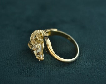 925 Silver Ring with Ram Design, 22K Gold-plated Bighorn Sheep Ring, Greek Artisan Ring with Animal Theme