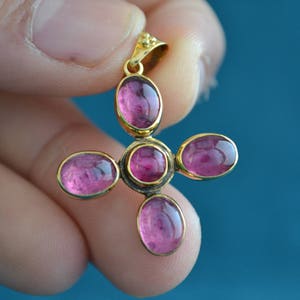 Gold Byzantine Cross with Pink Tourmaline, 18K Gold Cross with Gemstones, Women's Cross Pendant, Etruscan Tourmaline Cross, Greek Jewelry image 3