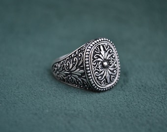 Gentlemen's Roman Ring, 925 Silver Ring with Engraves, Byzantine Signet Ring, Oxidized Silver Mid-Century Ring, Greek Artisan Jewelry