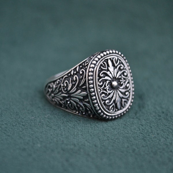 Bague romaine pour hommes, bague en argent 925 avec gravures, chevalière byzantine, bague en argent oxydé du milieu du siècle, bijoux artisanaux grecs