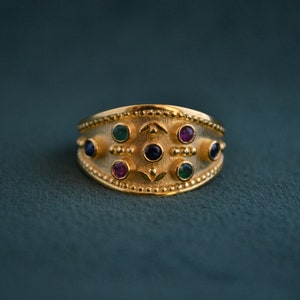 14K Gold Byzantine Ring, 585 Gold Ring with Gemstones, Multistone Etruscan Ring, Medieval Ring, Greek Artisan Jewelry, Ruby Emerald Sapphire