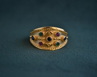 14K Gold Byzantine Ring, 585 Gold Ring with Gemstones, Multistone Etruscan Ring, Medieval Ring, Greek Artisan Jewelry, Ruby Emerald Sapphire