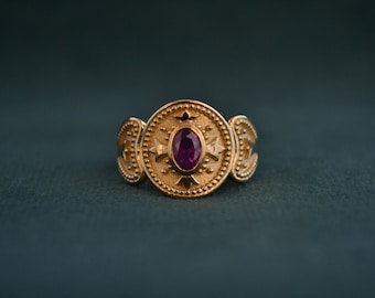 Byzantine Ring with Ruby CZ, 925 Silver Medieval Ring with 22K Gold-plating, Etruscan Ring with Cubic Zirconia, Greek Artisan Jewelry