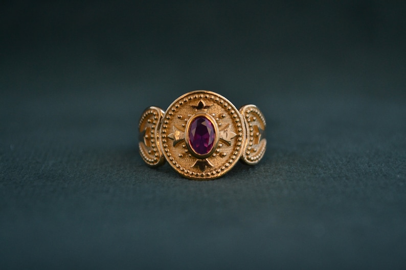 Byzantine Ring with Ruby CZ, 925 Silver Medieval Ring with 22K Gold-plating, Etruscan Ring with Cubic Zirconia, Greek Artisan Jewelry image 1