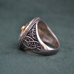 Majestic Roman Ring, 925 Silver Byzantine Ring with Cubic Zirconia Blue Topaz, Medieval Ring with Engraved Patterns, Greek Jewelry image 4