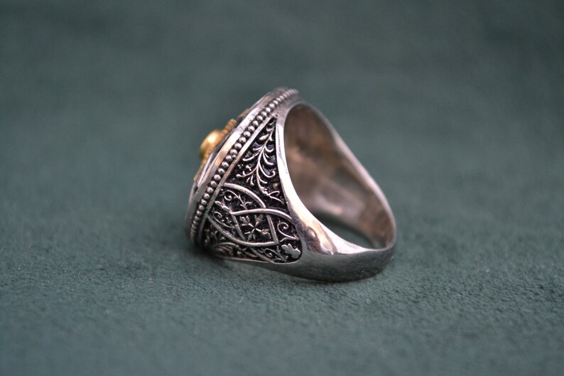 Majestic Roman Ring, 925 Silver Byzantine Ring with Cubic Zirconia Blue Topaz, Medieval Ring with Engraved Patterns, Greek Jewelry image 4