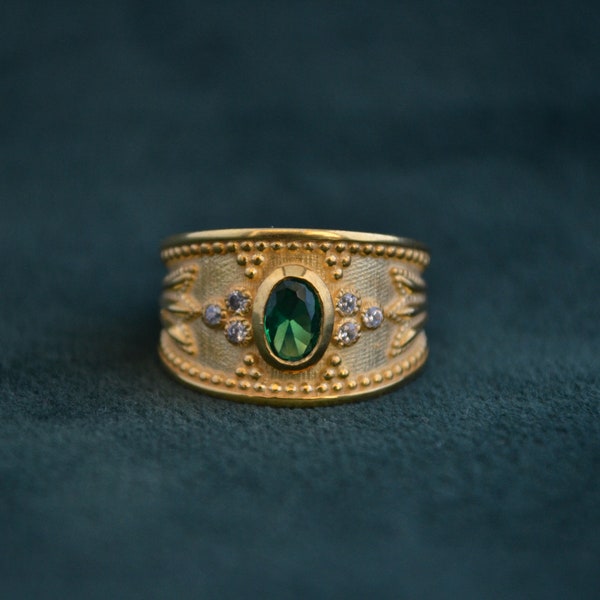 Gold Etruscan Ring with Cubic Zirconia Emerald, Sterling Silver Ring with 22K Gold-plating, Gold Byzantine Ring, Multistone Ring, Medieval