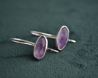 Asymmetrical 925 Silver Earrings with Amethyst, Hanged Sterling Silver Earrings with Gemstones, Drop Earrings with Amethyst, Greek Jewelry