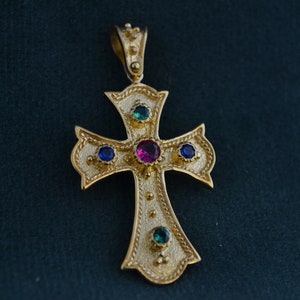 22K Gold-plated Byzantine Cross, 925 Silver Etruscan Cross with Cubic Zirconia, Multistone Pendant, Greek Artisan Cross