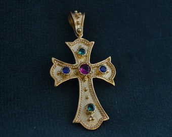 Medieval Byzantine Cross, Gold-Plated 925 Silver Cubic Zirconia, Etruscan Pendant