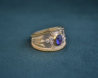 Brilliant 925 Silver Byzantine Ring with Amethyst , 22K Gold-plated Ring with Gemstones, Vintage Ring for Women, Greek Handmade Jewelry